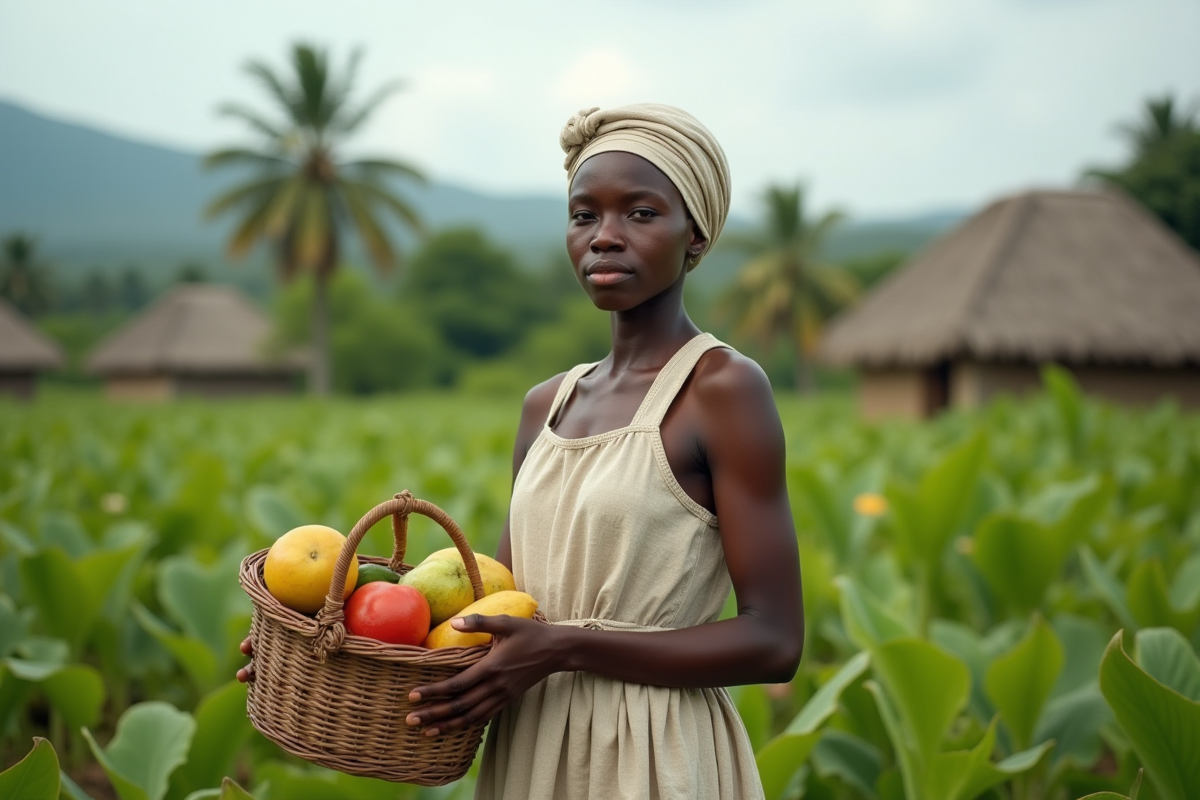 Jeune femme haïtienne dans un champ rural avec panier de produits