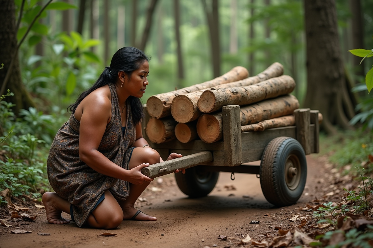 Jeune femme indigène chargeant du bois sur un chariot écologique