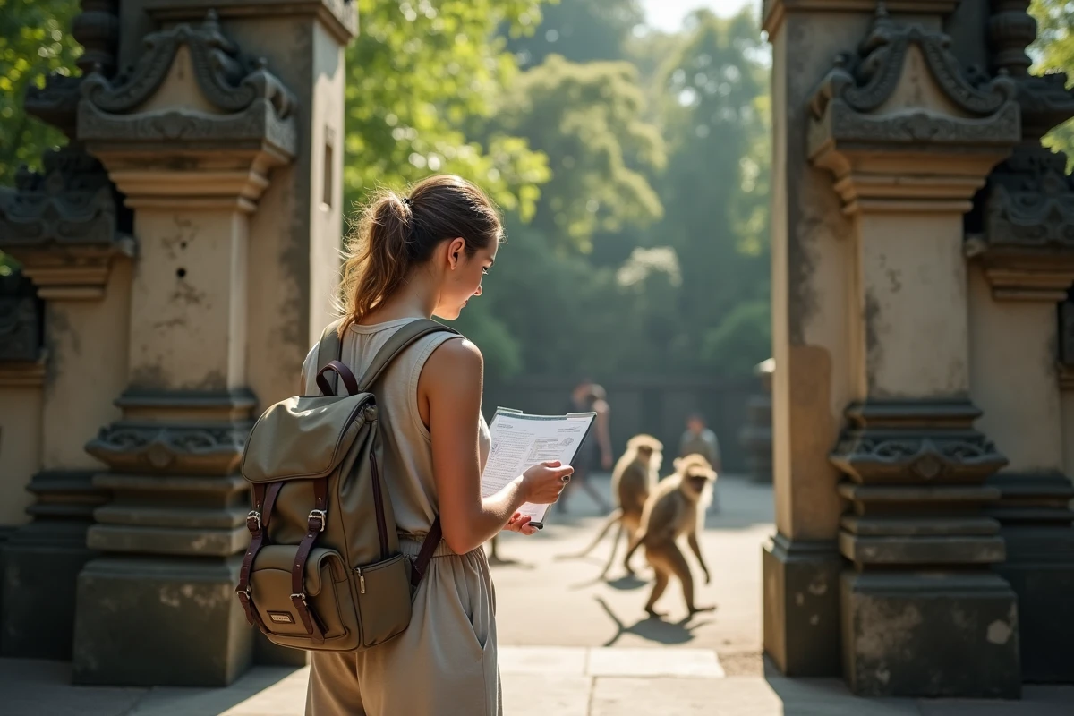 Femme lisant un panneau pr&egrave;s de l entr&eacute;e de la for&ecirc;t de Bali