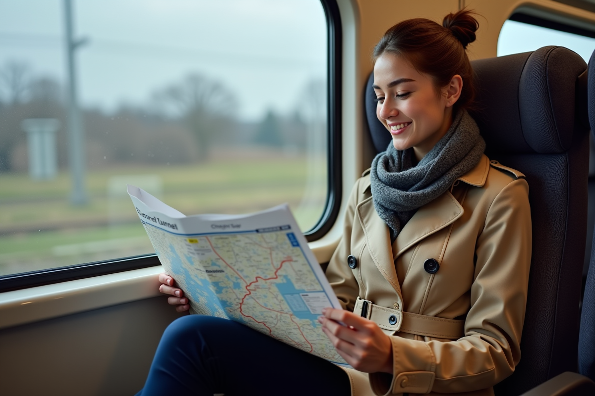 Jeune femme lisant une carte dans un train Eurostar