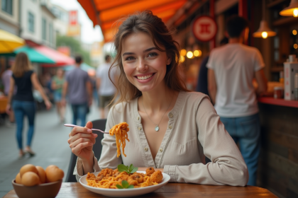 Jeune femme dégustant un plat dans un marché de rue
