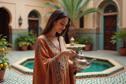 Femme marocaine en kaftan versant du thé dans un riad