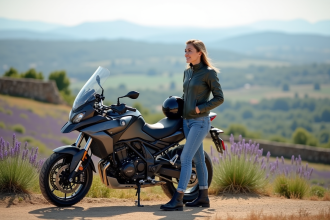 Femme en moto dans les champs de lavande en Provence