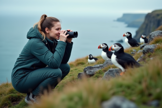 Jeune femme observant des puffins sur la côte d'Islande