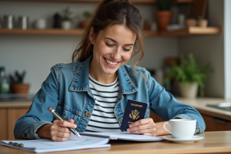 Jeune femme organise ses documents de voyage à la maison