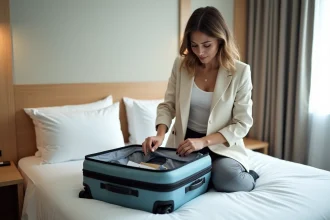 Femme en voyage organise ses affaires dans une chambre d'hôtel