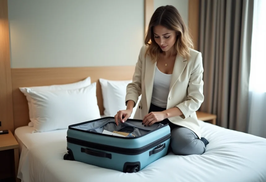 Femme en voyage organise ses affaires dans une chambre d'hôtel