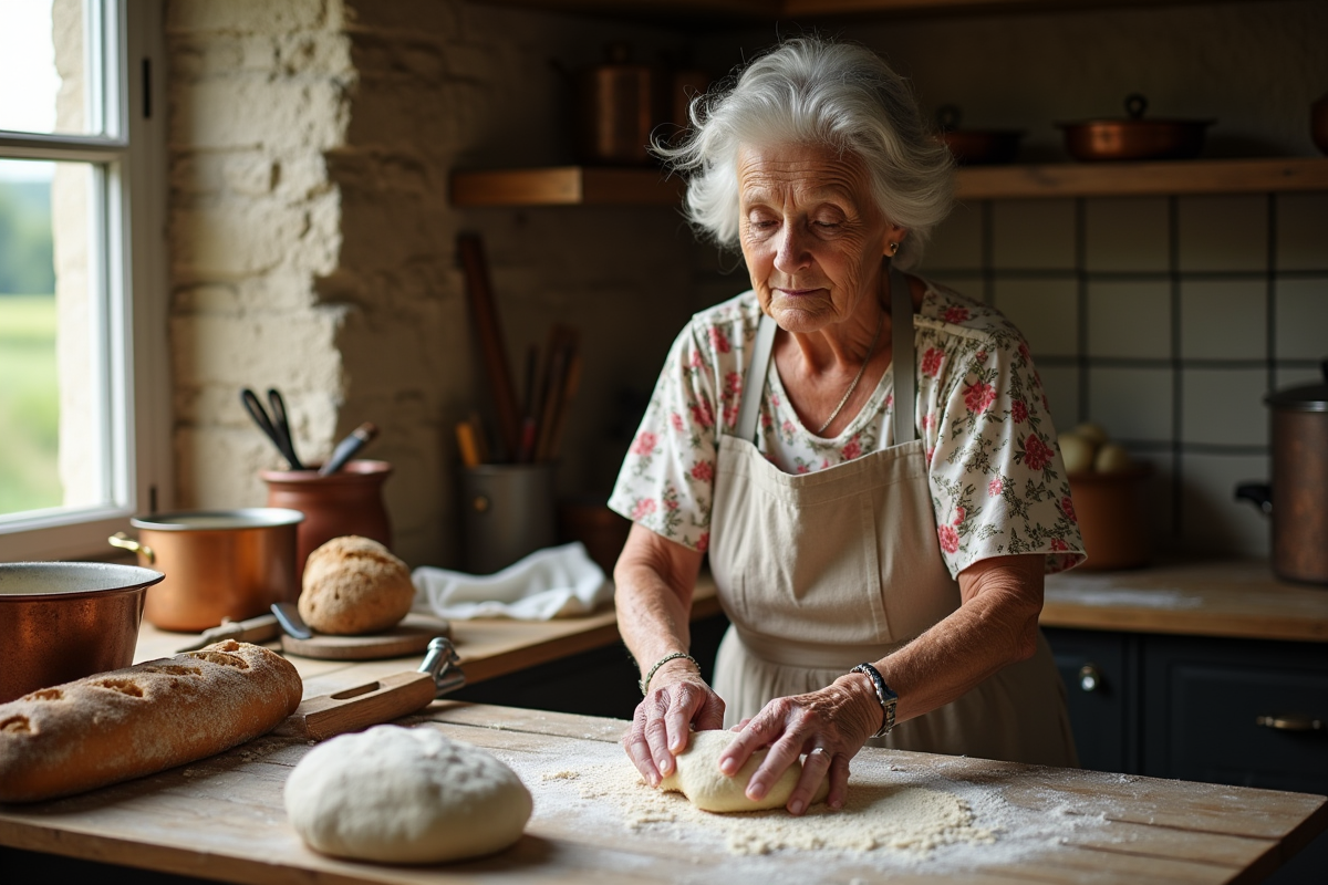 Femme âgée pétrissant la pâte dans la cuisine rustique