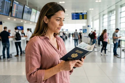 Femme tenant un passeport français ouvert avec carte d'embarquement à un comptoir d'aéroport avant un voyage au Maroc