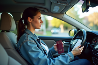 Femme avec passeport dans une voiture moderne en voyage