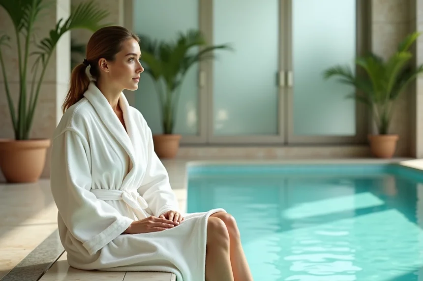 Femme en peignoir blanc assise au bord d'une piscine intérieure d'hôtel spa lors d'une pause journée