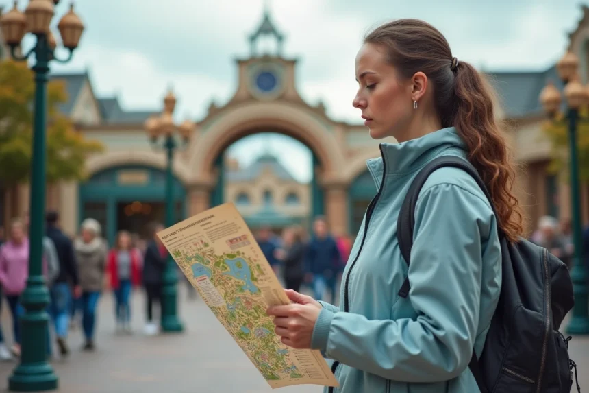 Femme consultant un plan imprimé de parc à thème Eurodisney à l'entrée du parc pour repérer les attractions