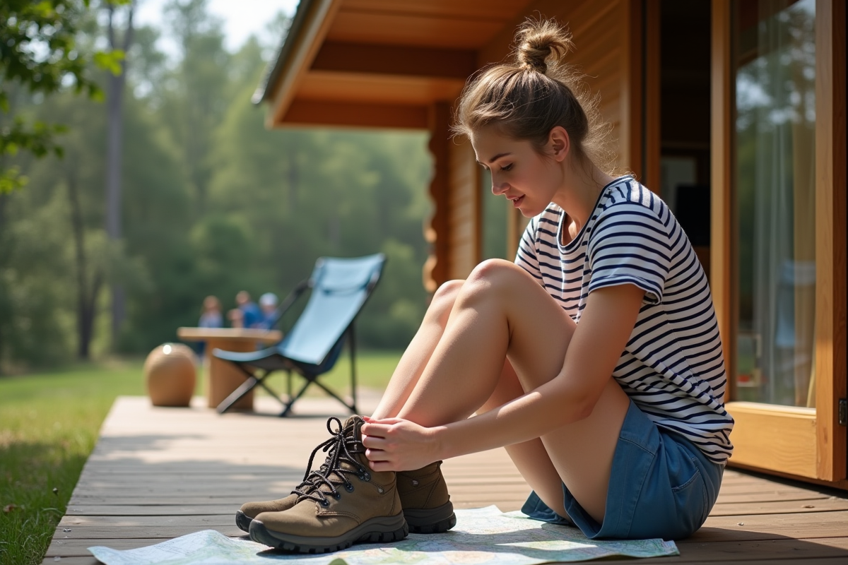 Jeune femme en randonnée devant une cabane en camping