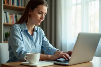 Femme cherchant des billets d'avion pas chers sur Google Flights depuis son bureau à domicile
