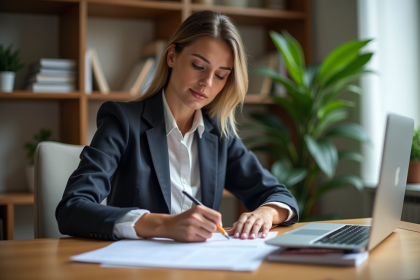 Femme concentrée remplissant un formulaire de passeport dans un bureau moderne