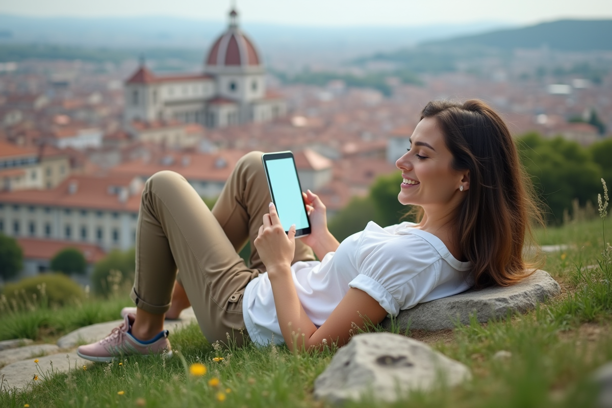 Femme sur une colline à Lyon utilisant une tablette en plein air