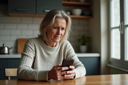 Femme d'&acirc;ge moyen bloque un appel sur son smartphone dans la cuisine