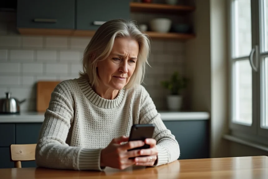 Femme d'âge moyen bloque un appel sur son smartphone dans la cuisine