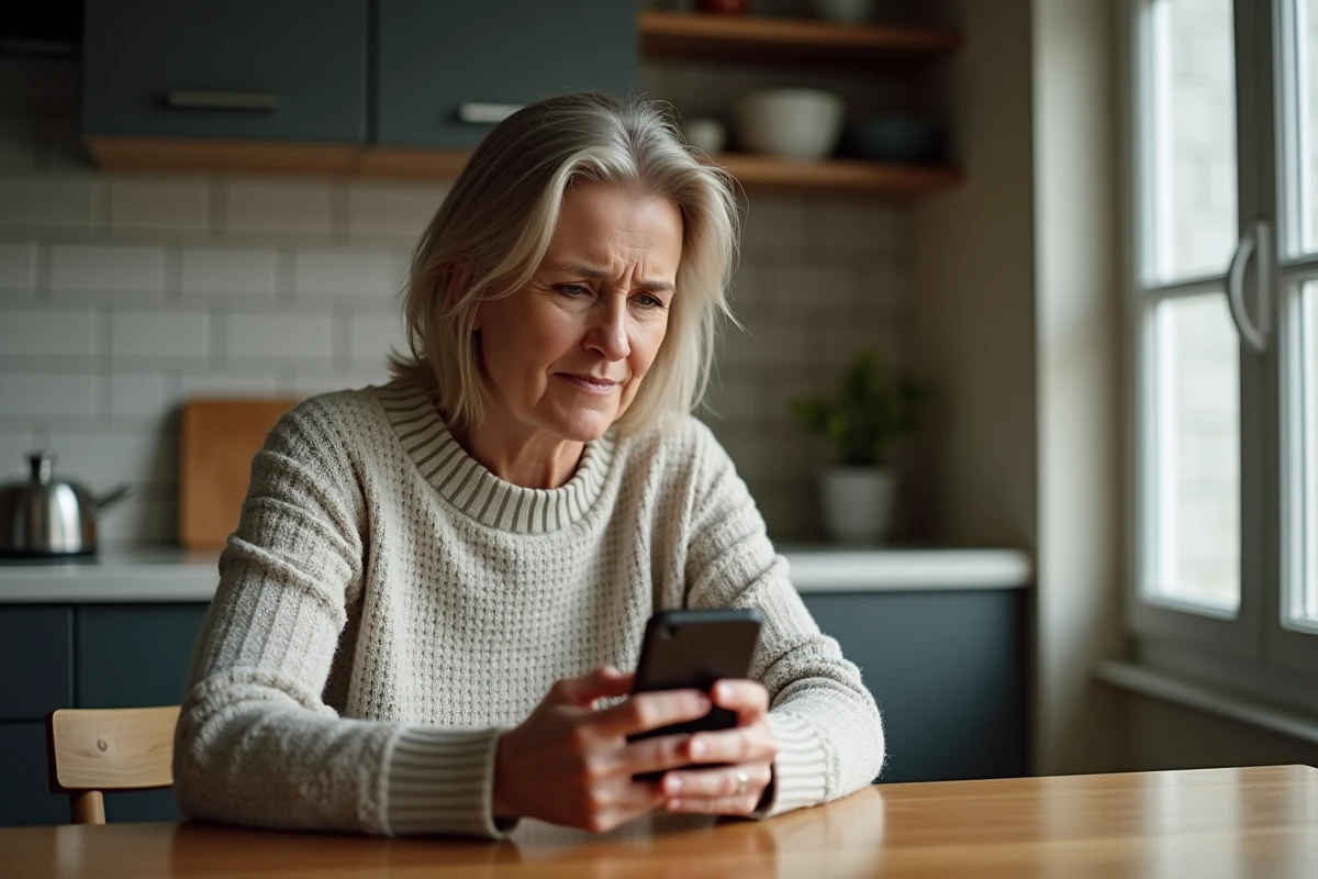 Femme d'âge moyen bloque un appel sur son smartphone dans la cuisine