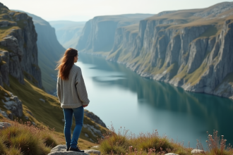 Jeune femme contemplant un fjord scandinave