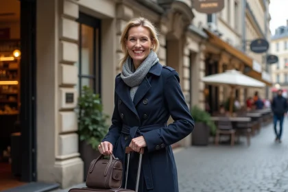 Femme souriante en trench devant un h&ocirc;tel &agrave; Dijon