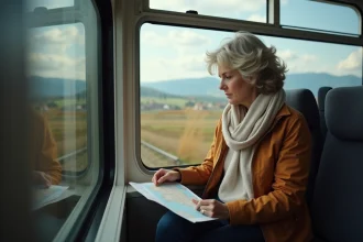 Femme assise par la fenêtre d’un train regardant une carte de voyage