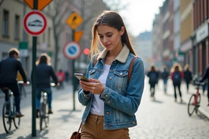 Jeune femme en ville v&eacute;rifiant navigation sur smartphone