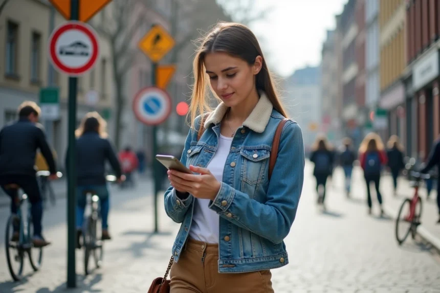 Jeune femme en ville vérifiant navigation sur smartphone