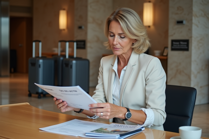 Femme d'âge moyen examinant des brochures de voyage dans un lobby