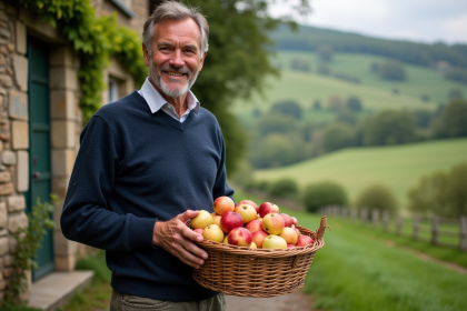 Paysage rural avec fermier français tenant panier de pommes