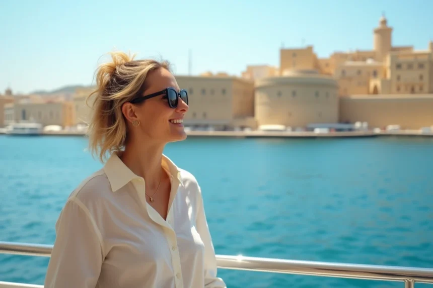 Femme sur le ferry de Sliema contemplant les remparts dorés de La Valette depuis la mer