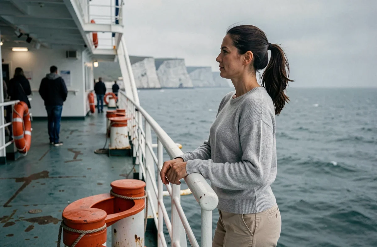 Femme sur le pont d'un ferry transmanche avec vue sur les falaises blanches de Douvres