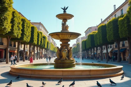 Fontaine de la Rotonde à Aix-en-Provence avec ses sculptures en calcaire et l'eau qui s'écoule sur les trois niveaux