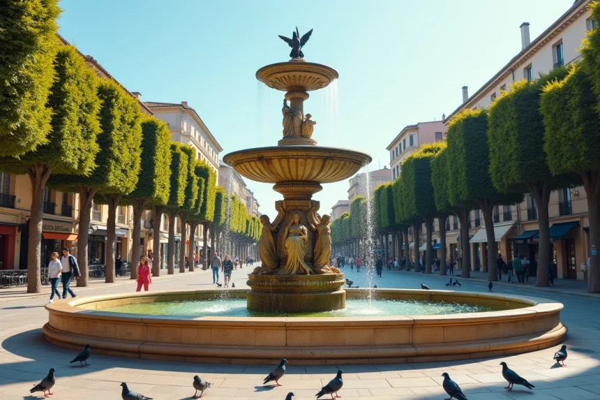 Fontaine de la Rotonde à Aix-en-Provence avec ses sculptures en calcaire et l'eau qui s'écoule sur les trois niveaux
