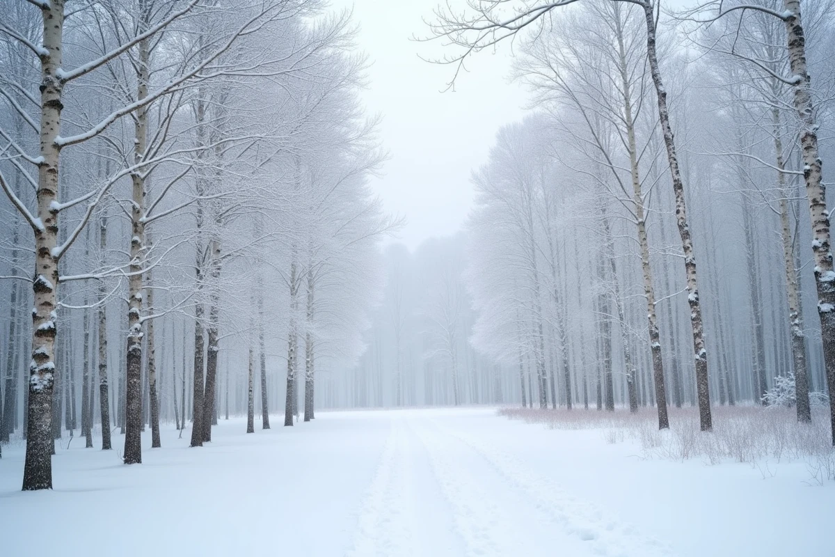 Forêt enneigée dans le nord-est des États-Unis avec des bouleaux et érables sous une épaisse couche de neige silencieuse