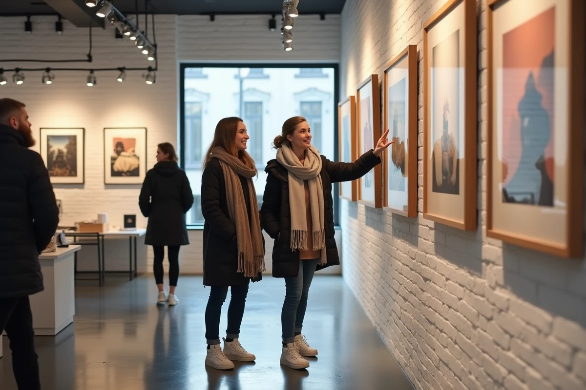 Deux amies explorant une galerie d'art et boutique de design dans le quartier Patershol à Gand