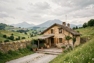 Vue panoramique d'un gîte en pierre traditionnelle au cœur de la région Auvergne-Rhône-Alpes avec paysage de collines verdoyantes