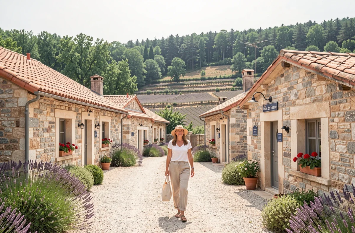 Ensemble de gîtes labellisés Gîtes de France en Ardèche avec façades en pierre et toits en tuiles entourés de châtaigniers