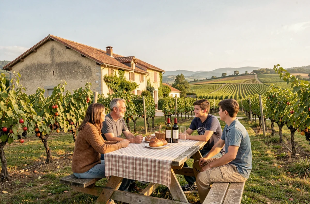 Ferme rénovée des Gîtes de France Rhône avec table de repas en extérieur et vignes en arrière-plan près de Lyon