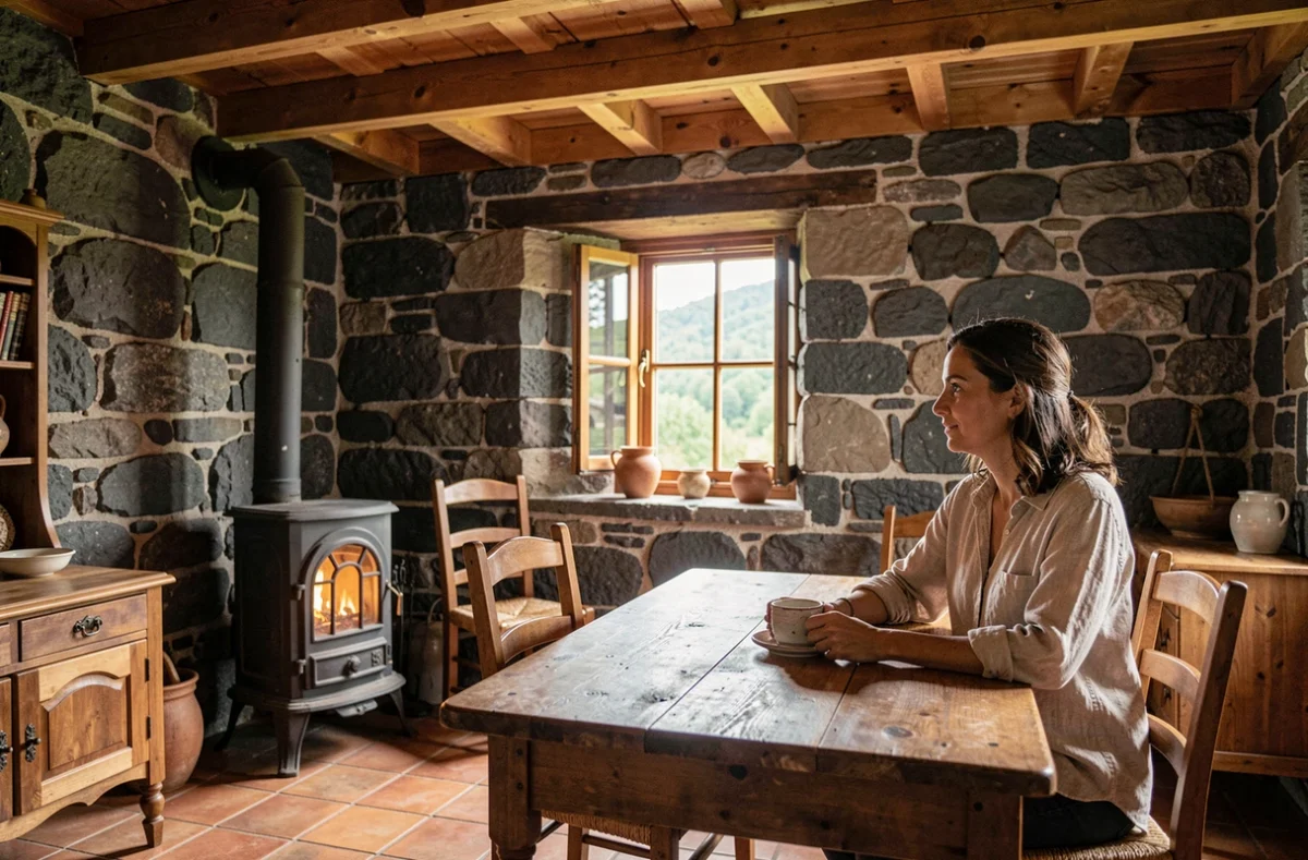 Intérieur chaleureux du gîte de caractère Gîtes Moreno dans le Puy-de-Dôme avec murs en basalte et poêle en fonte