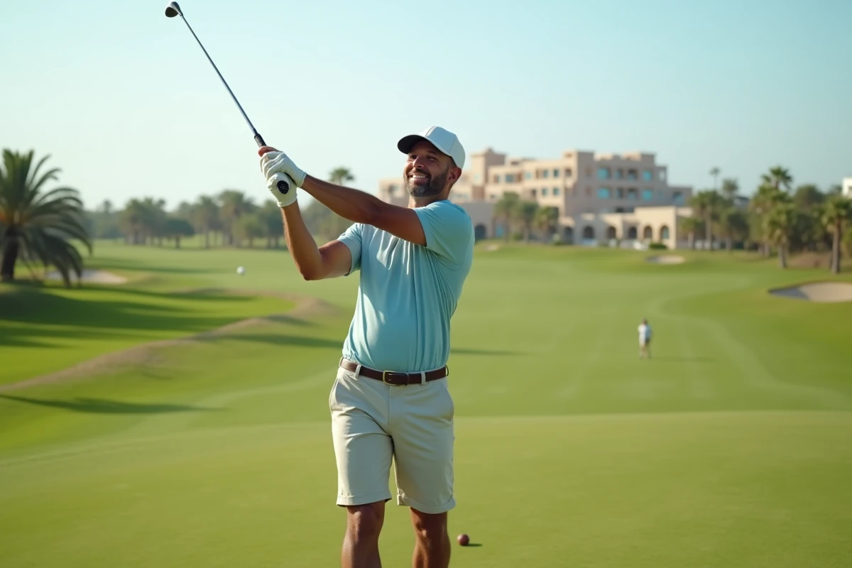 Homme en swing sur un parcours de golf ensoleille