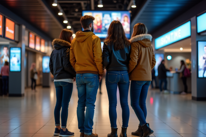 Groupe d amis dans un lobby de cinéma regardant les horaires