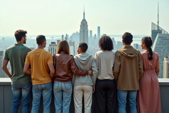 Groupe divers d'adultes et enfant sur un rooftop urbain