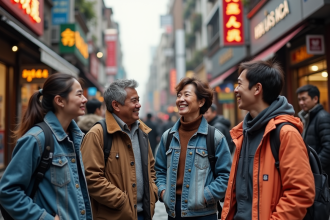 Groupe divers d'amis riant dans une rue urbaine animée