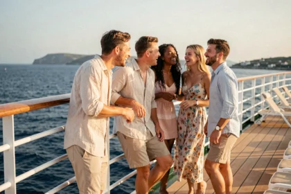 Groupe de jeunes adultes joyeux sur le pont d'un bateau de croisière avec vue sur la mer