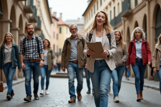 Groupe de visiteurs dans une ville historique en printemps