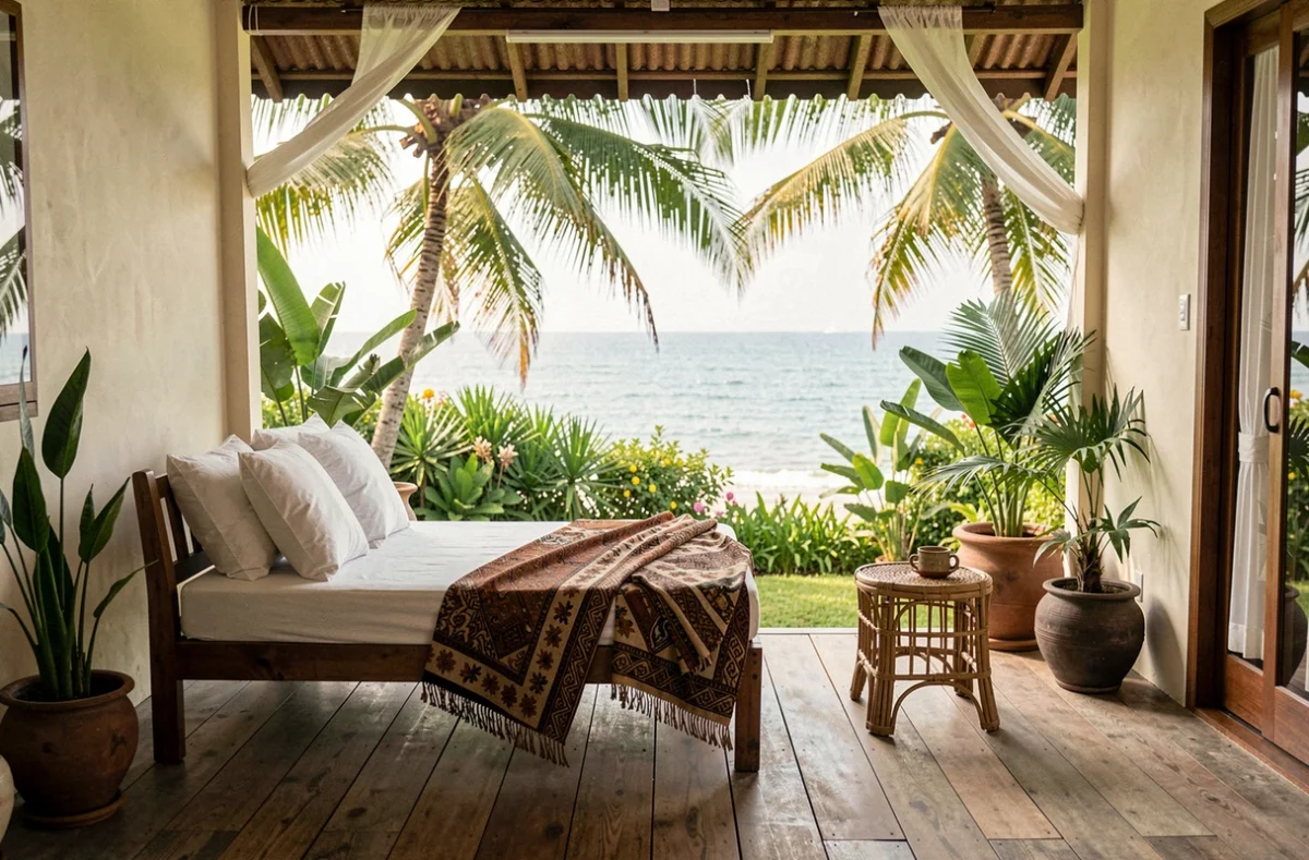 Terrasse d'une guesthouse de Kuta Lombok avec vue sur l'océan Indien à travers les palmiers