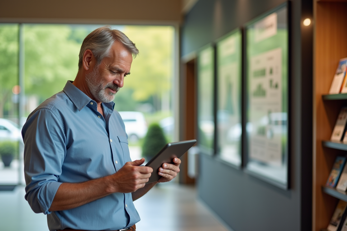 Guide touristique vérifiant une tablette dans un centre moderne
