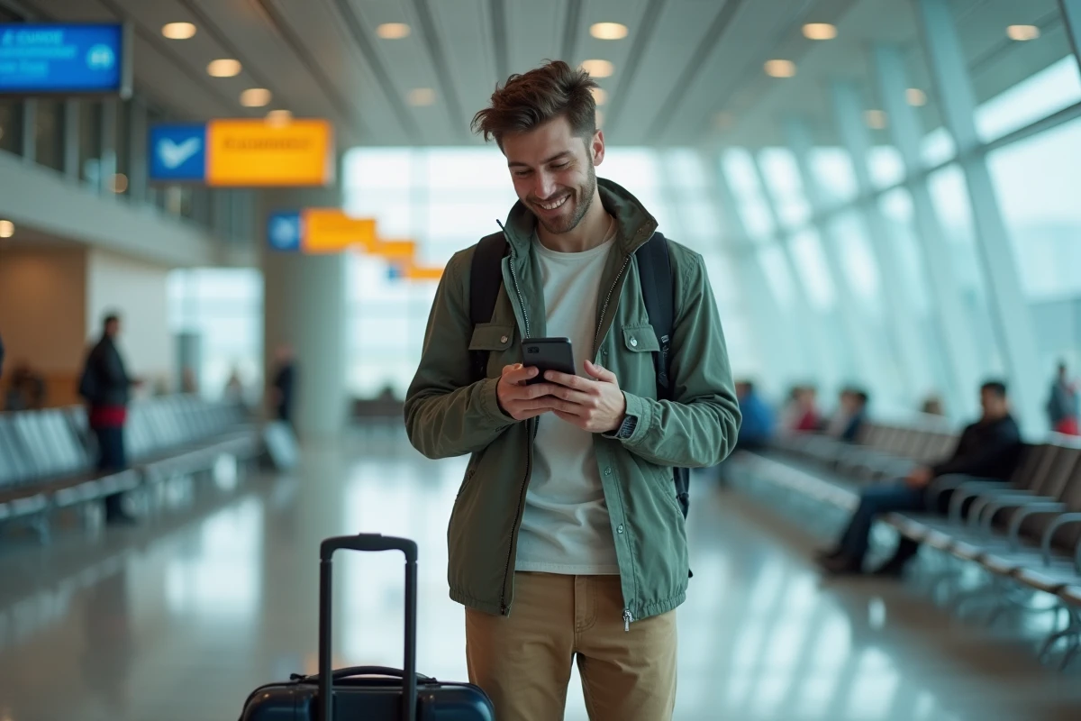Jeune homme dans un a&eacute;roport regardant son t&eacute;l&eacute;phone