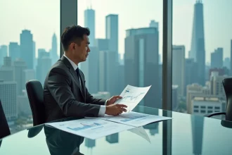 Homme d'affaires asiatique analysant des données économiques et des graphiques de PIB dans un bureau moderne avec vue sur une métropole